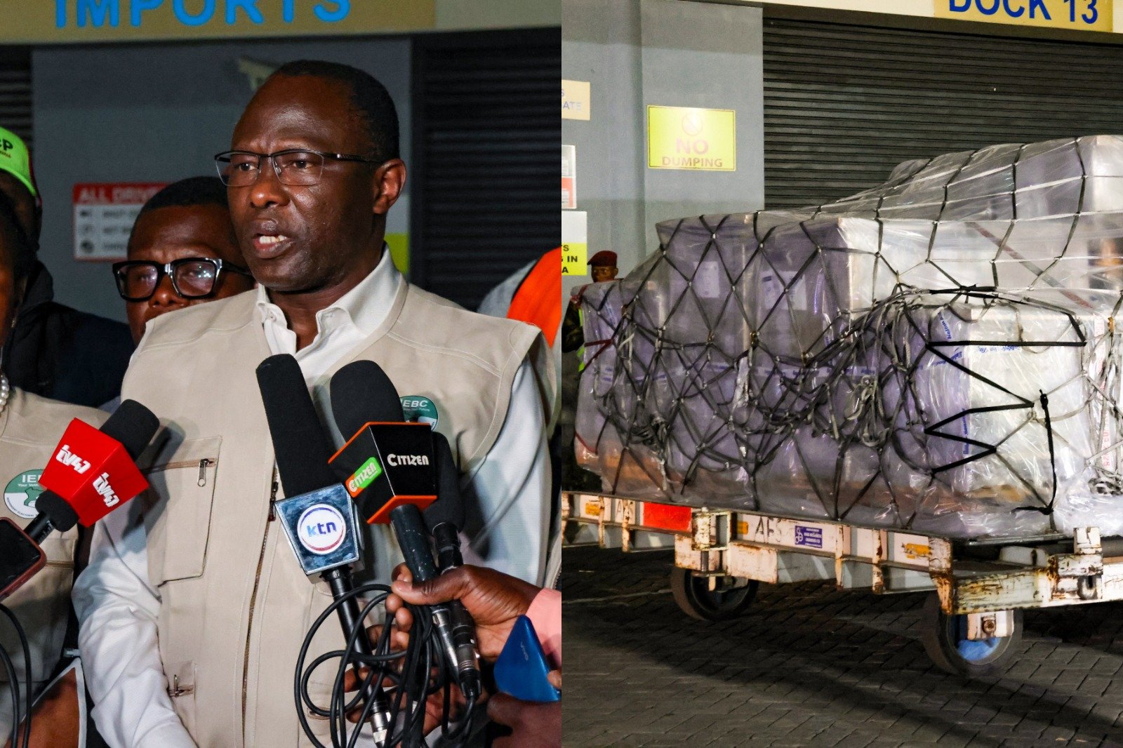 Collage photo of IEBC Chair Erastus Ethekon and a consignment of ballot papers.